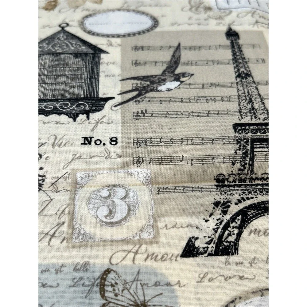 Paris Postcard Stamps Eiffel Tower France Cotton Quilting Fabric Music Notes